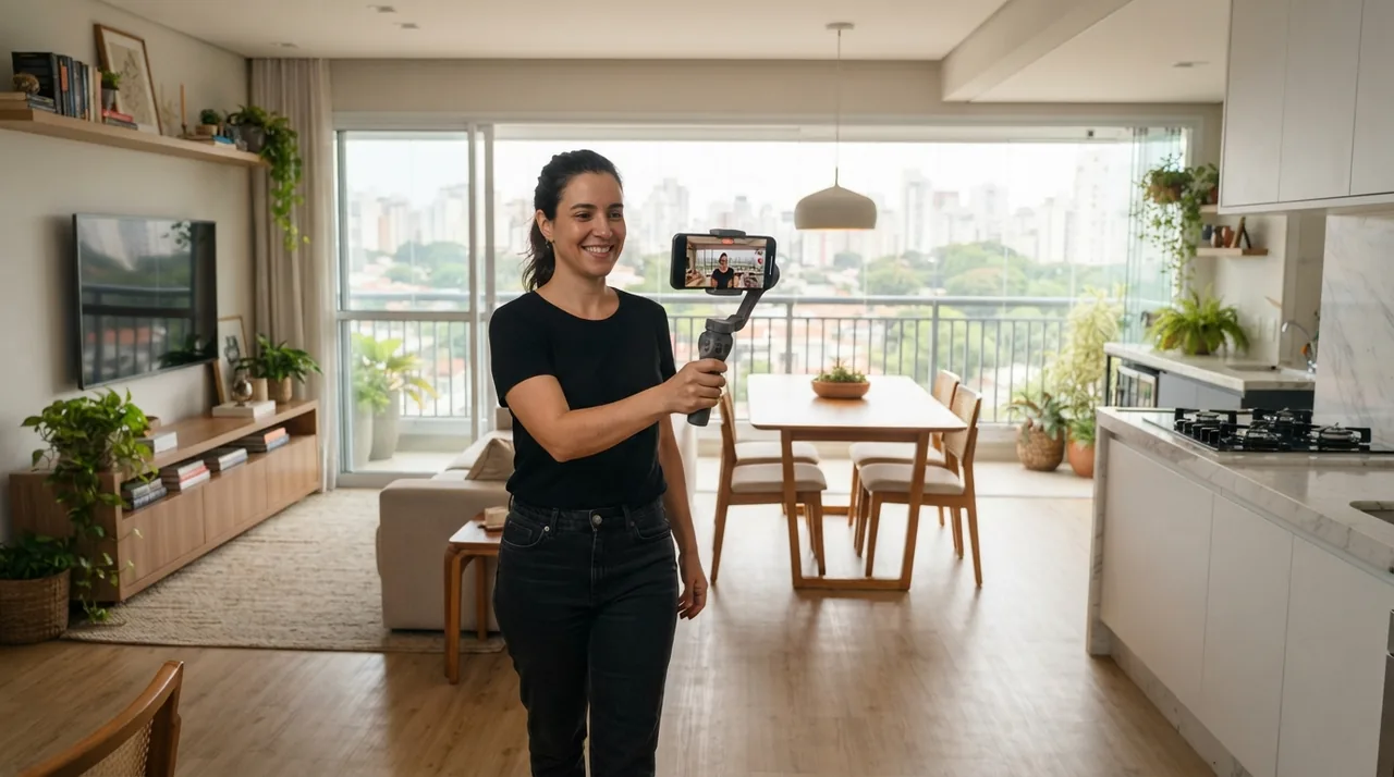 Ilustração: gravação de tour em vídeo contínuo em sala de apartamento integrado com celular