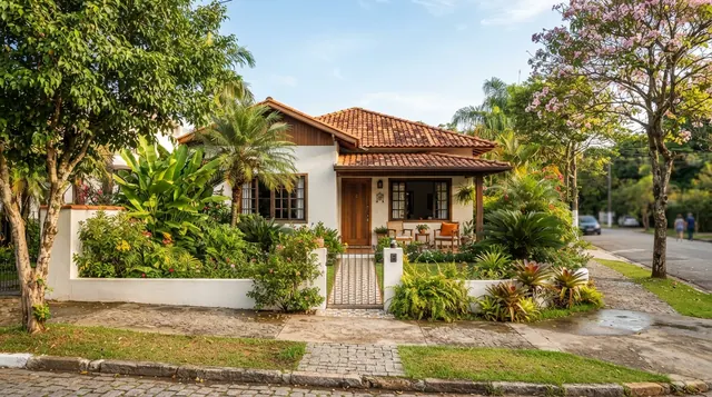 Ilustração: fachada de casa térrea fotografada da calçada oposta mostrando calçada e jardim