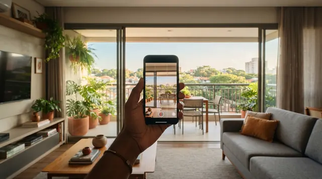 Ilustração: gravação de celular mostrando a integração entre sala e varanda em apartamento decorado