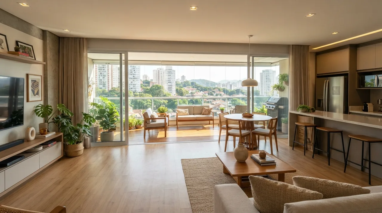 Ilustração: sala integrada com varanda em apartamento decorado fotografada em 0,5x