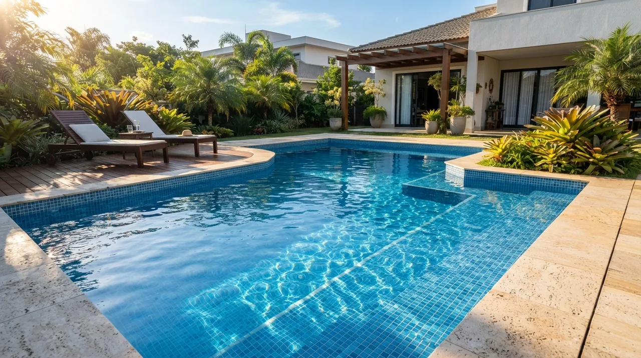 Ilustração: piscina com água cristalina recebendo luz solar lateral destacando o revestimento azul
