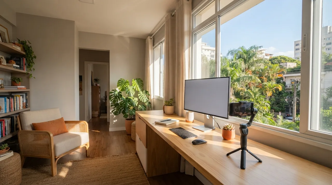 Ilustração: home office iluminado fotografado da diagonal com a lente 0,5x mostrando bancada e janela