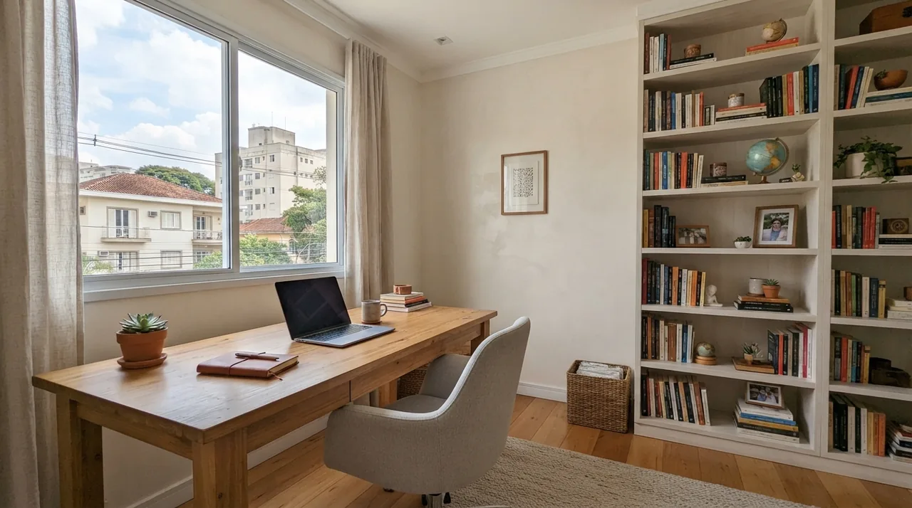 Ilustração: home office organizado com mesa de madeira, cadeira confortável, janela iluminada e estante limpa fotografado em 0,5x