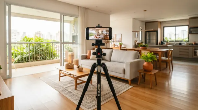 Ilustração: tripé com suporte posicionado no centro da sala capturando ambiente completo para imobiliária