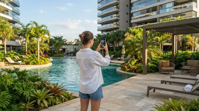 Ilustração: area de lazer de condominio com piscina e espacos de convivencia gravados com celular