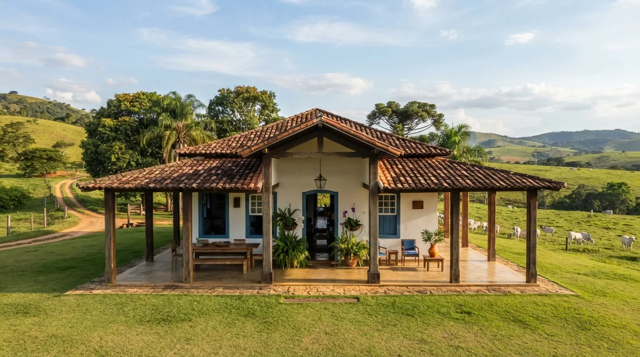 Ilustração: fachada de sede de fazenda com varanda ampla e pasto ao fundo fotografada na horizontal