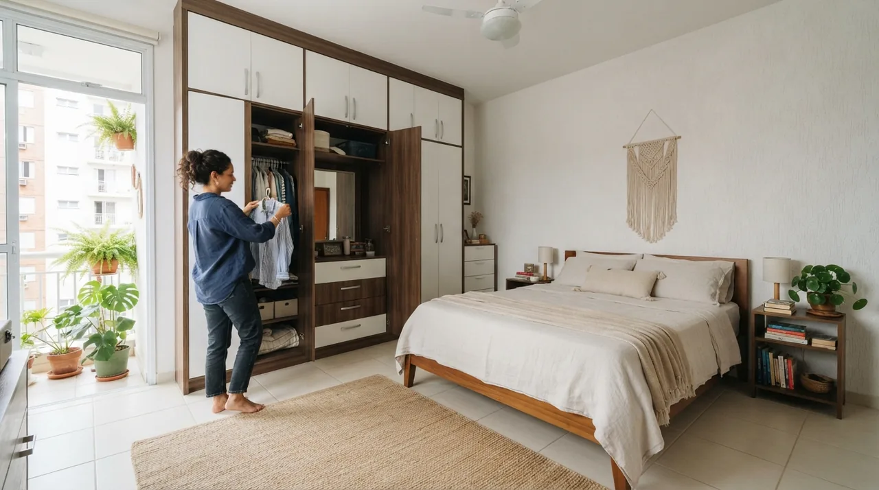Ilustração: quarto de casal amplo fotografado da diagonal com lente 0,5x mostrando cama e armários
