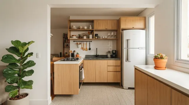 Ilustração: cozinha compacta fotografada da entrada em 0,5x mostrando pia, armários e geladeira no mesmo enquadramento