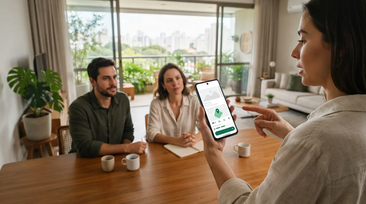 Ilustração: tela de celular mostrando estrutura de comando prático para anúncio imobiliário
