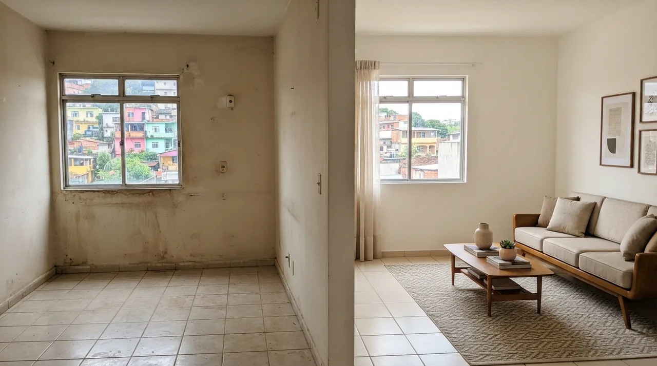 Ilustração: sala vazia com parede manchada ao lado da mesma sala com pintura limpa e móveis inseridos por IA
