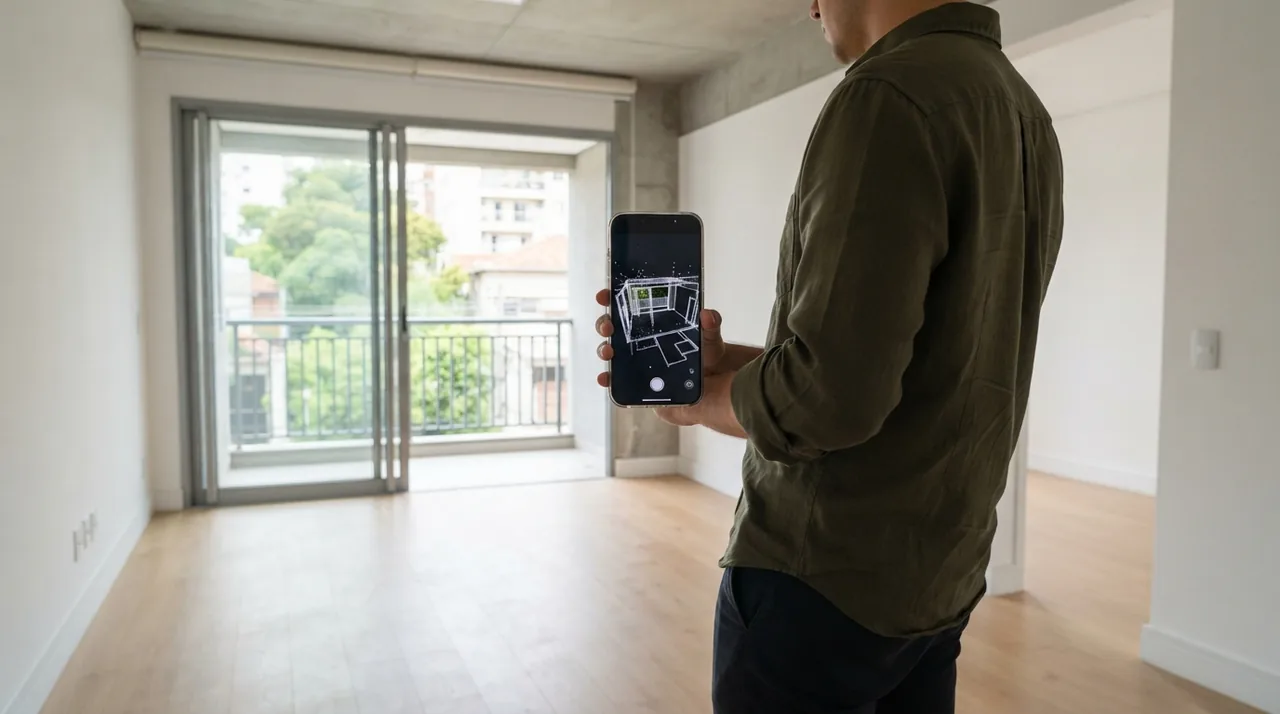 Ilustração: tela de um iphone mostrando o mapeamento em 3d de uma sala vazia com o sensor lidar