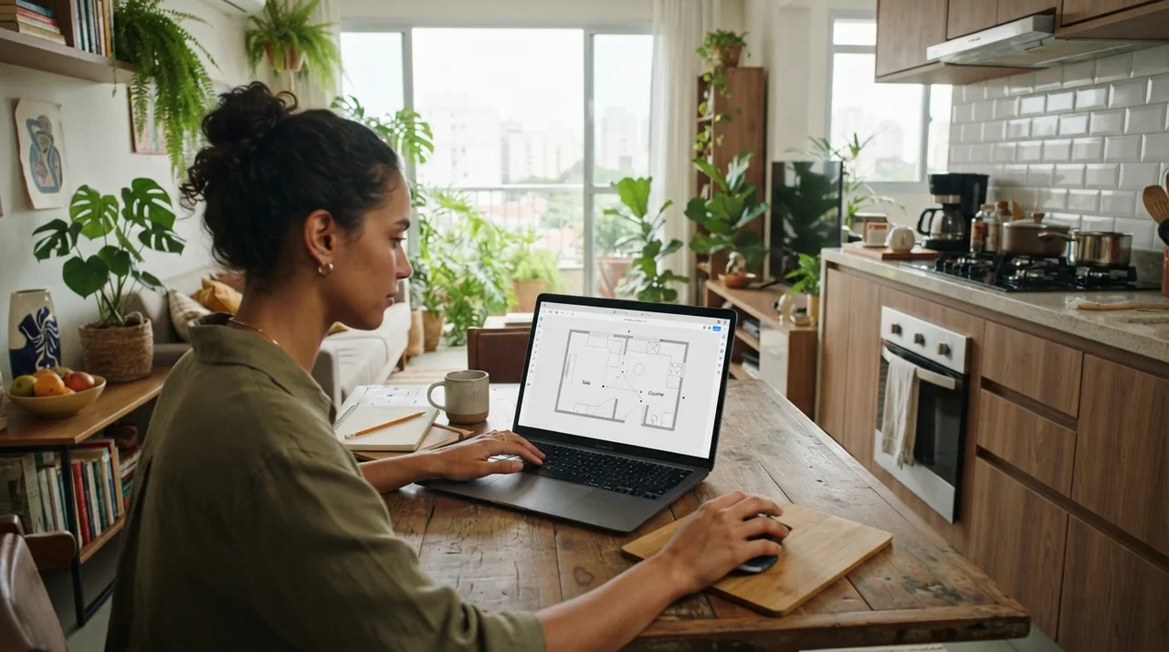 Ilustração: tela de computador montando pontos de ligação entre sala e cozinha em aplicativo gratuito