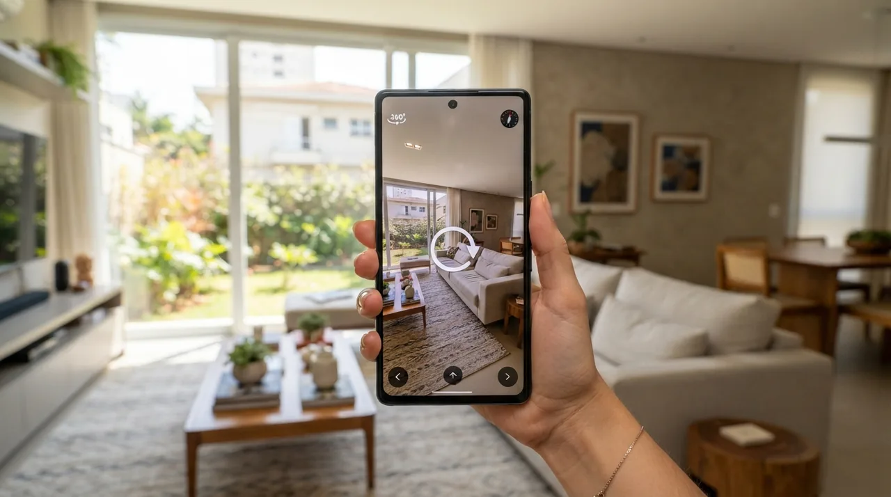 Ilustração: mão segurando smartphone exibindo sala em visão 360 graus com ícones de navegação