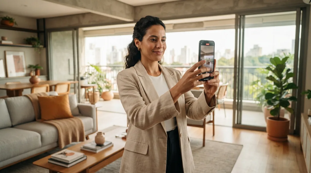Ilustração: corretor de imoveis segurando o smartphone na vertical enquanto grava o tour pela sala integrada