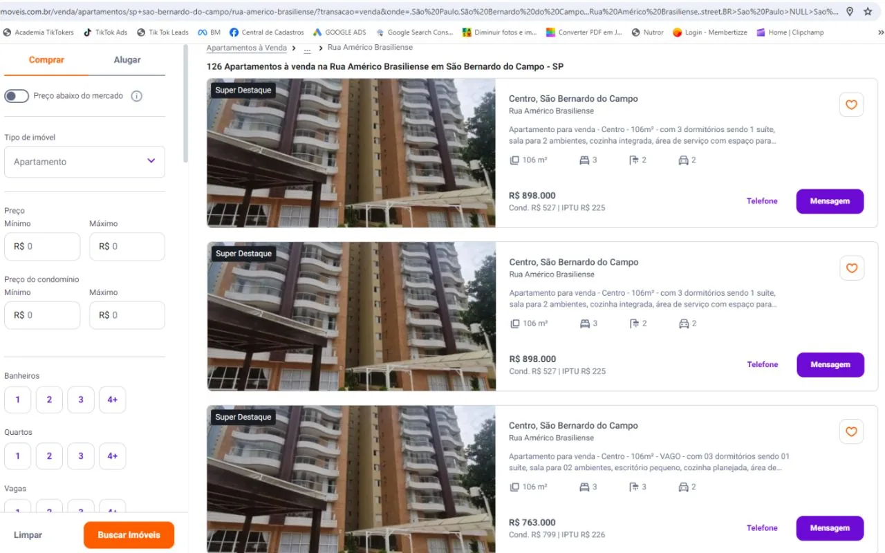 Resultado de busca em portal imobiliário: o mesmo apartamento anunciado várias vezes, com a mesma foto e preços diferentes