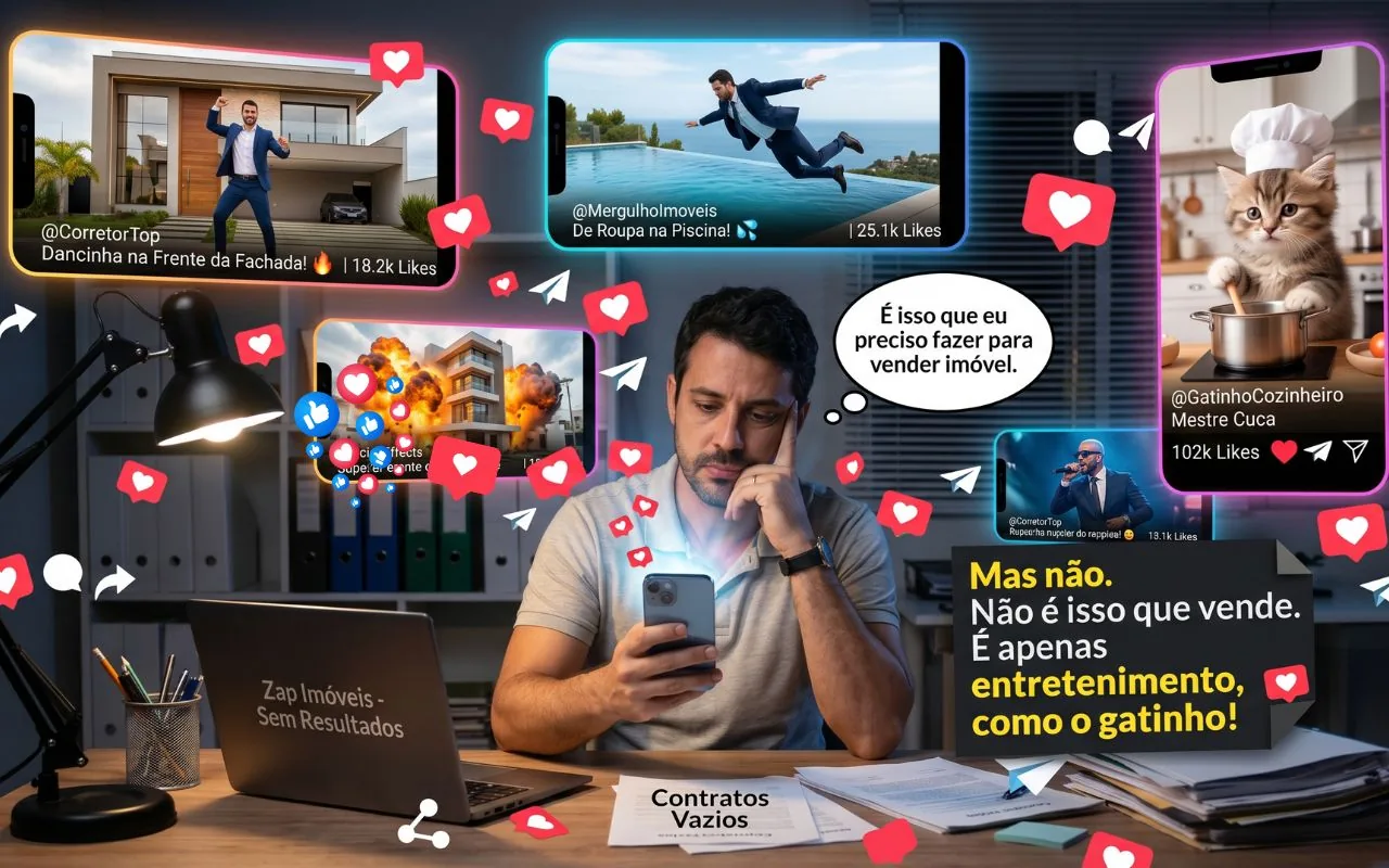 Corretor de imóveis olhando o celular, cercado por vídeos virais (dancinha na fachada, mergulho de roupa na piscina, gatinho cozinheiro) com a frase 'Mas não. Não é isso que vende. É apenas entretenimento, como o gatinho!'